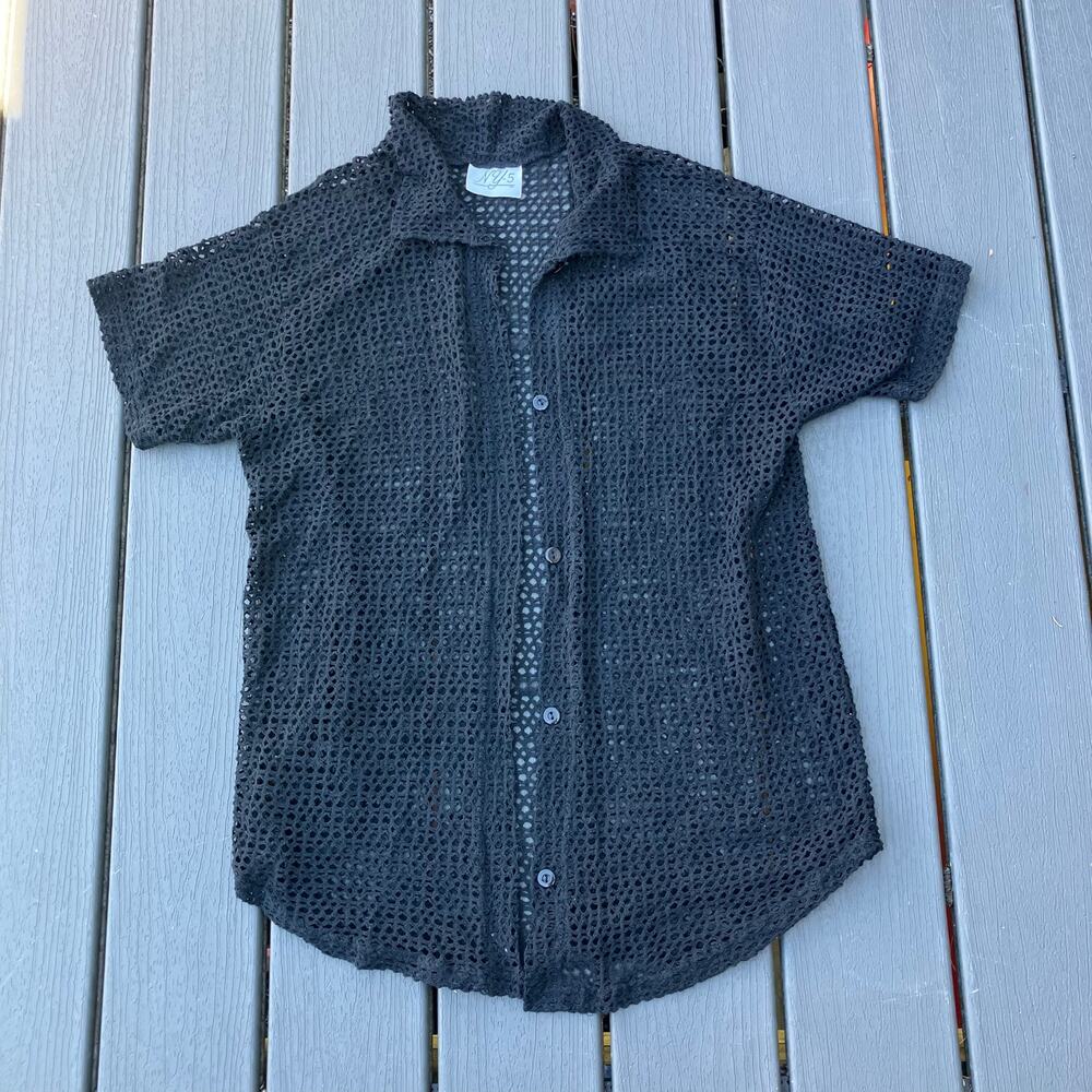Vintage black crochet short sleeve open button up, 90s summer indie sleaze